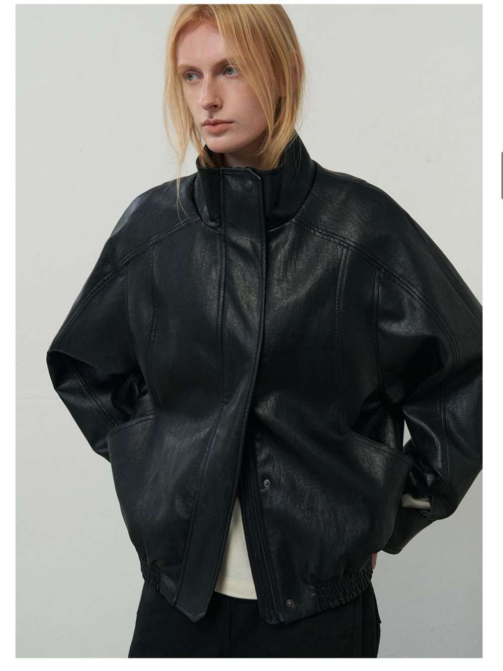 Black Leather Double Zipper Bomber Jacket